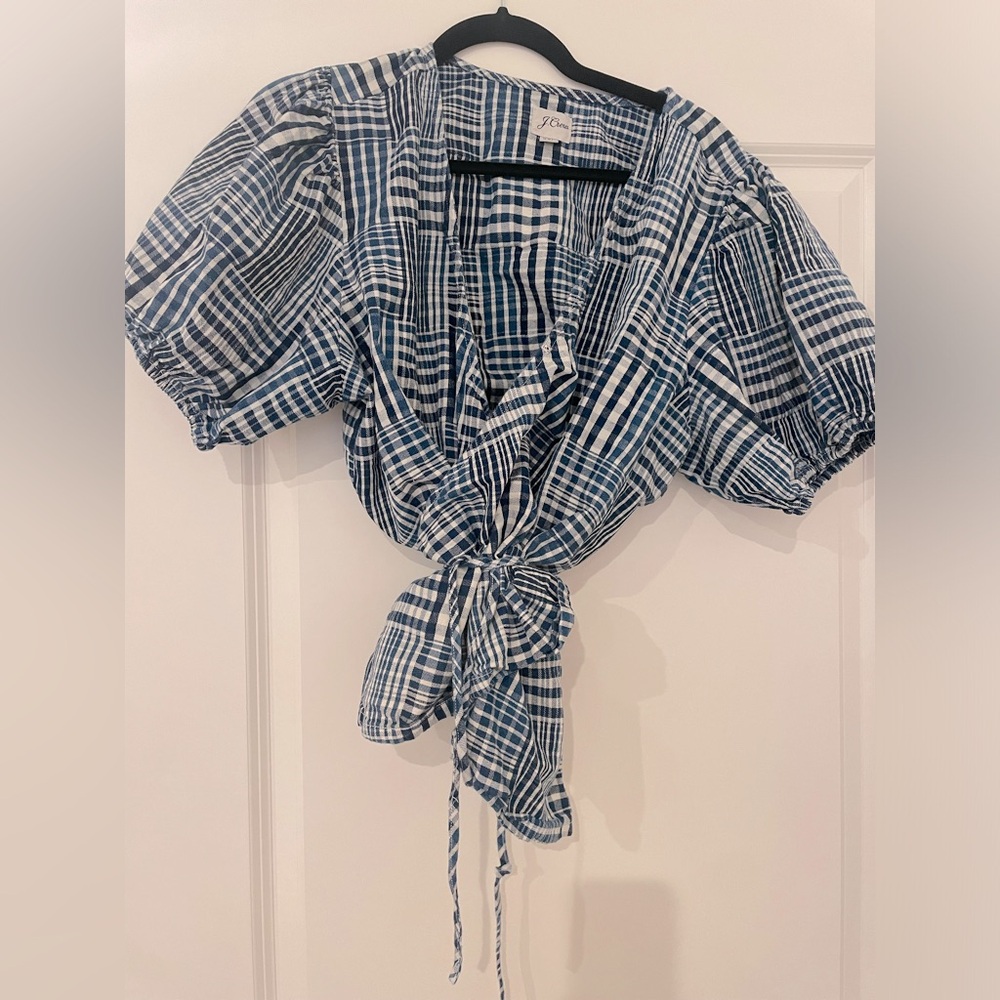 Never Worn J. Crew Size XXL Blue Plaid Tie Waist Top